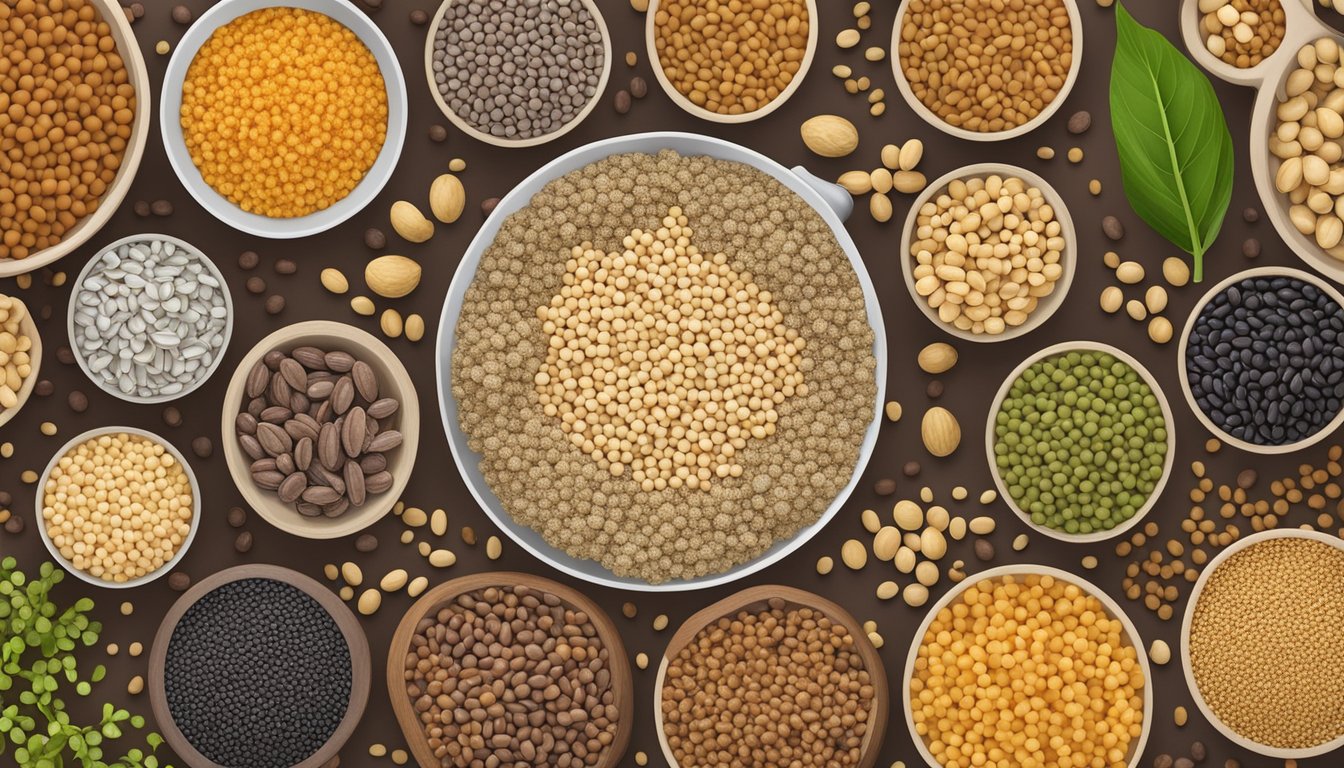 A close-up of quinoa seeds surrounded by various other saponin-rich foods like beans and legumes, with a scientific diagram of a saponin molecule in the background