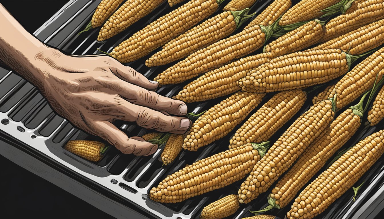 A hand reaching for a fresh ear of corn from a pile, with a Traeger grill in the background set at 350 degrees