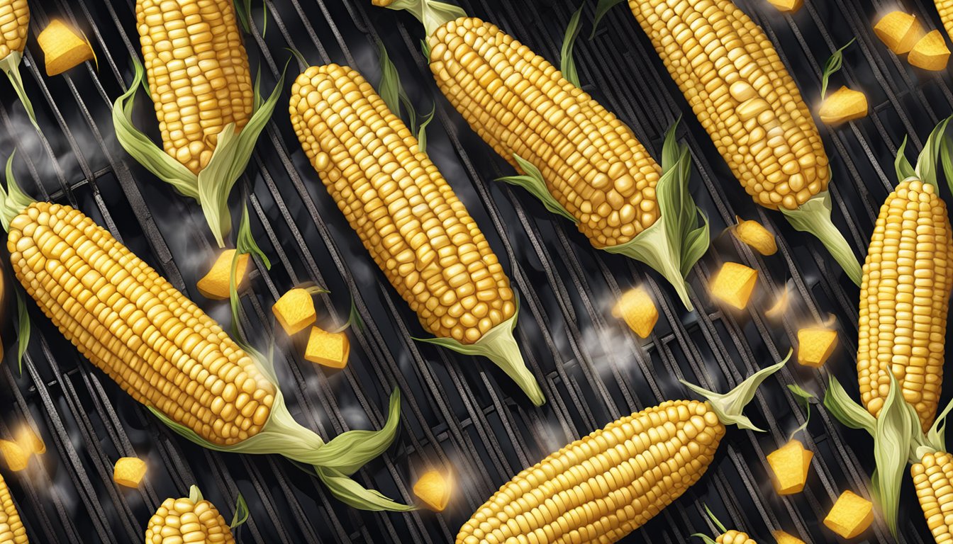 Fresh ears of corn sizzling on a hot pellet grill at 400 degrees, with smoke rising and grill marks forming