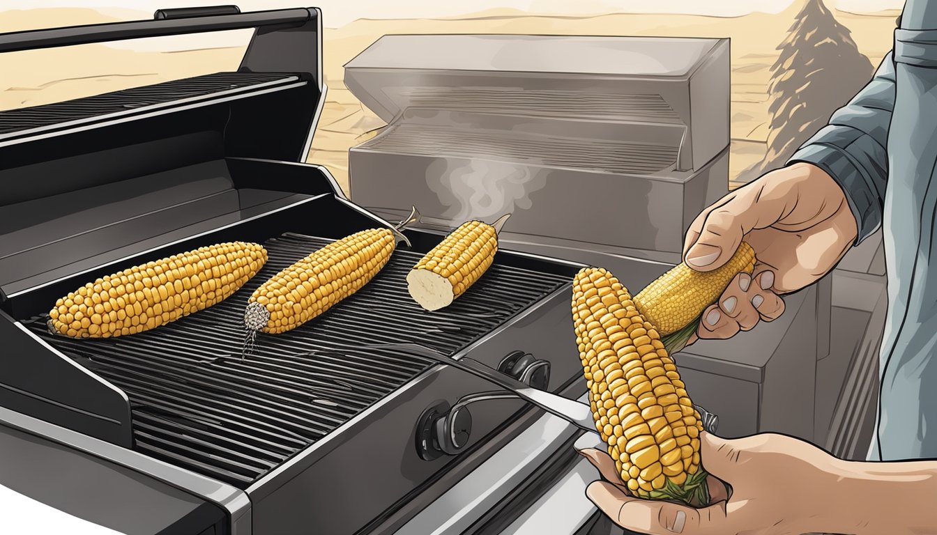 A hand holding a corn cob, applying butter and seasonings, next to a Traeger 350 grill