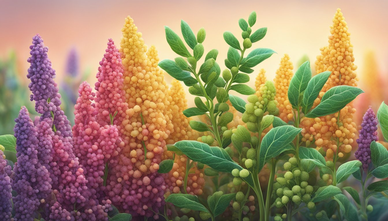 A colorful quinoa plant with saponin molecules floating around it