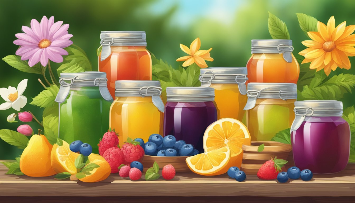 A colorful array of fruits, honey, and natural sweeteners displayed on a rustic wooden table, surrounded by vibrant greenery and blooming flowers