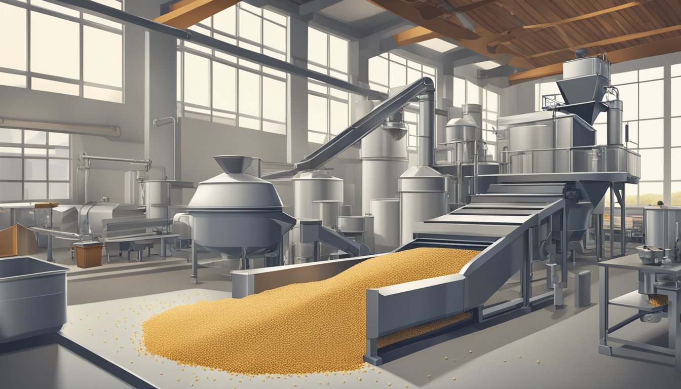 Quinoa seeds being processed in a modern industrial kitchen, with machinery and equipment used for extracting saponins for culinary and industrial purposes