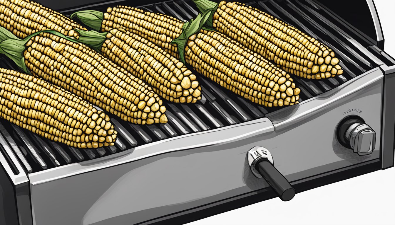 Freshly grilled corn on the cob sitting on a Traeger 350 with the perfect char marks, ready for the finishing touches