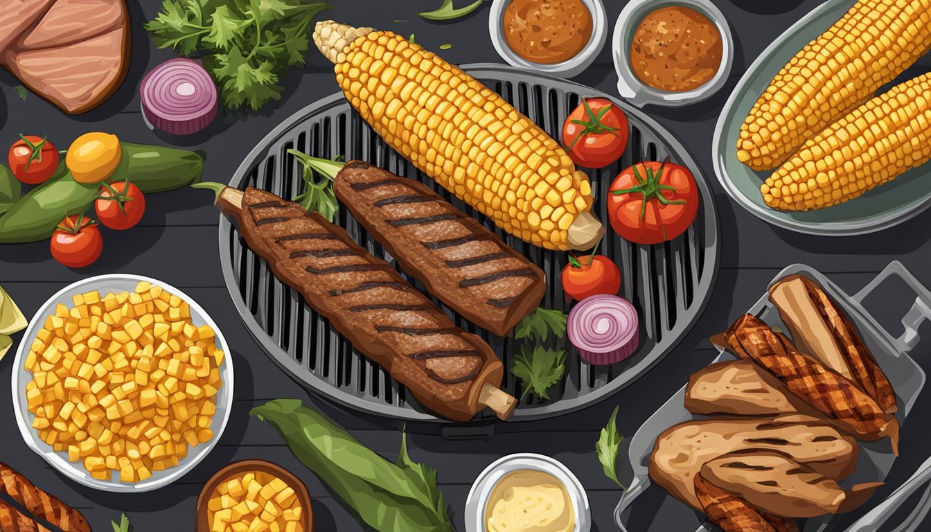 A grill with a sizzling ear of corn next to a tray of assorted grilled meats and vegetables