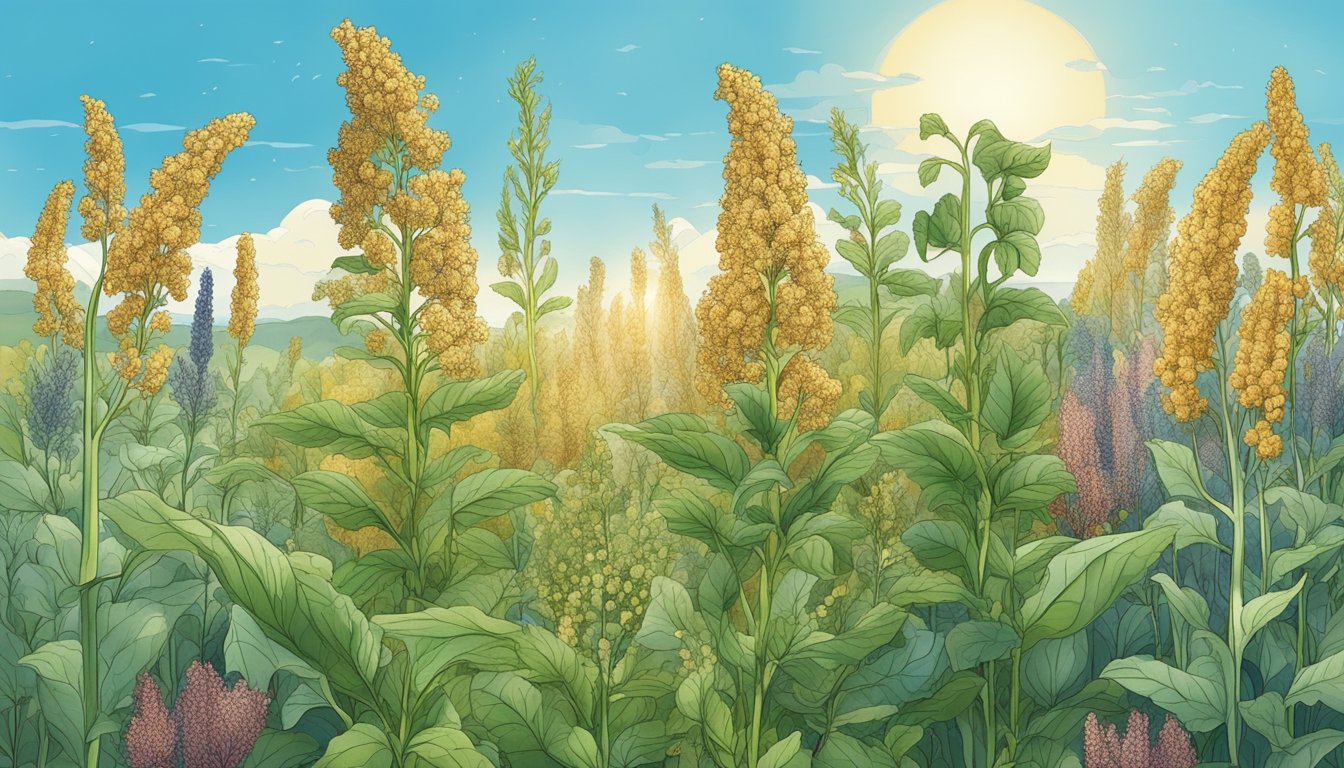 A quinoa plant surrounded by other crops, with a clear blue sky and a healthy ecosystem around it