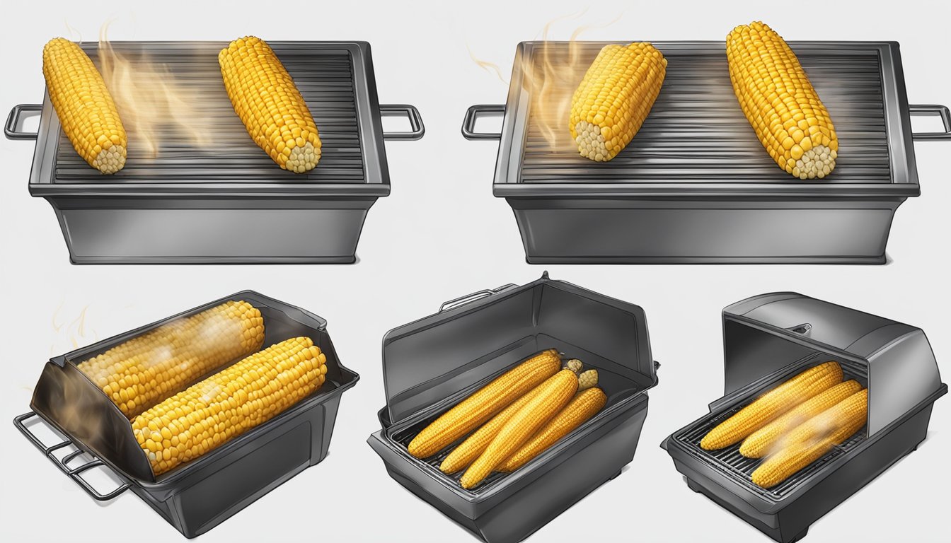 A Traeger 350 grill with cooked corn on the cob being placed in airtight containers for storage, and then later being reheated on the grill