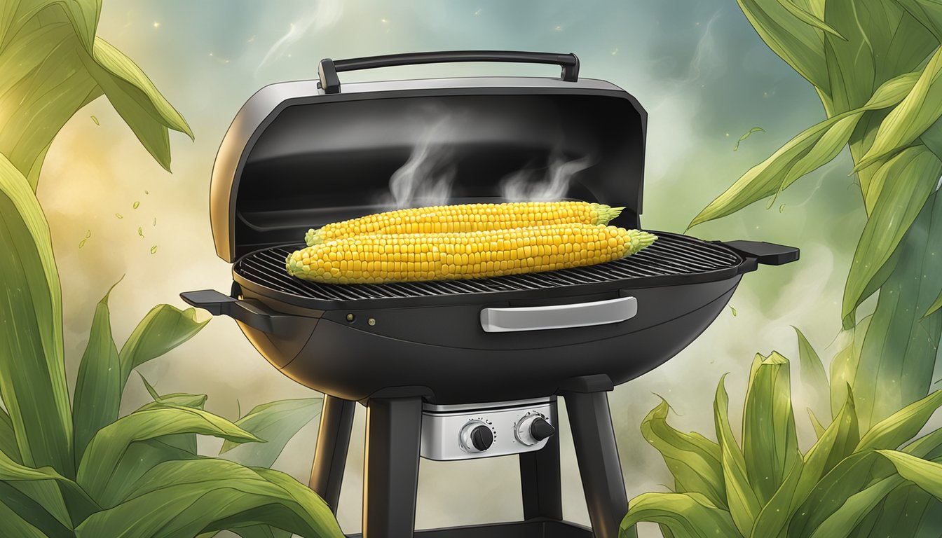 Fresh corn on the cob placed on the Ninja Foodi grill, with smoke rising and grill marks forming