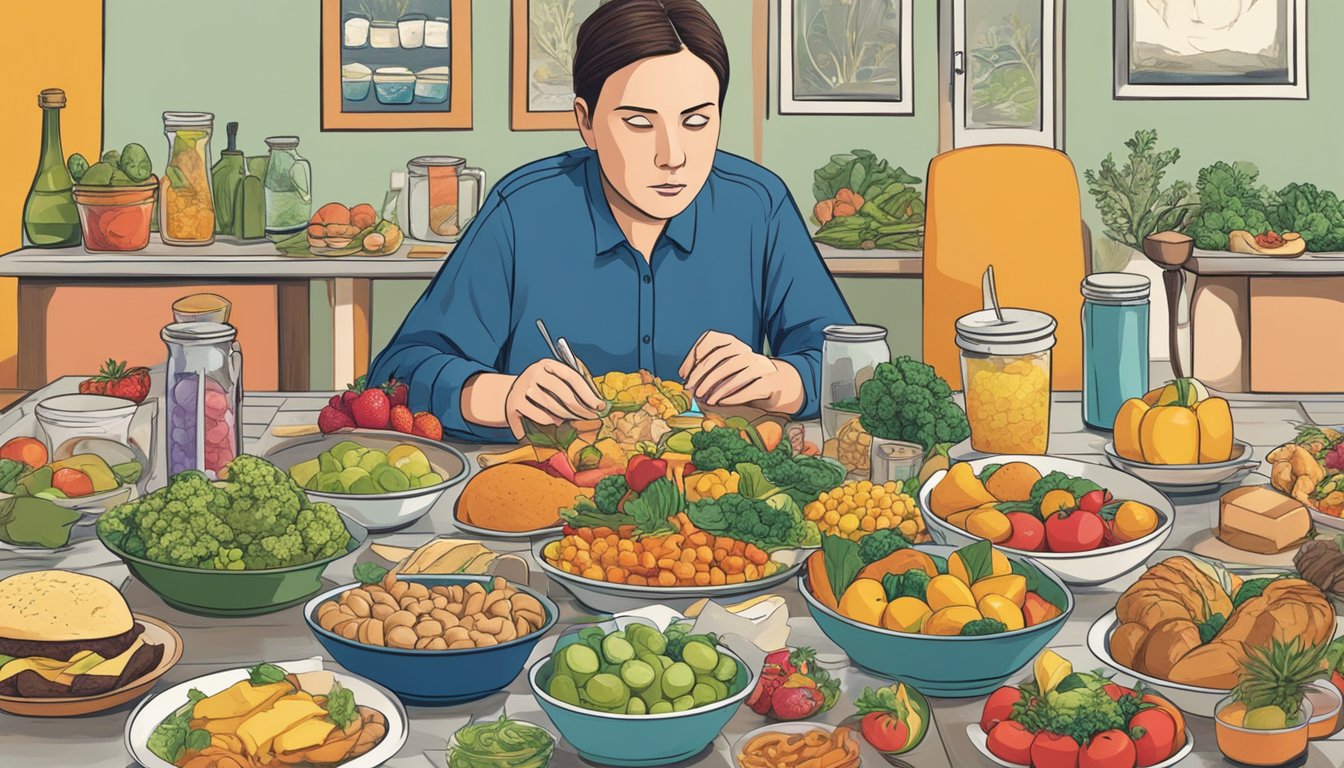 A table with various foods and a person looking puzzled