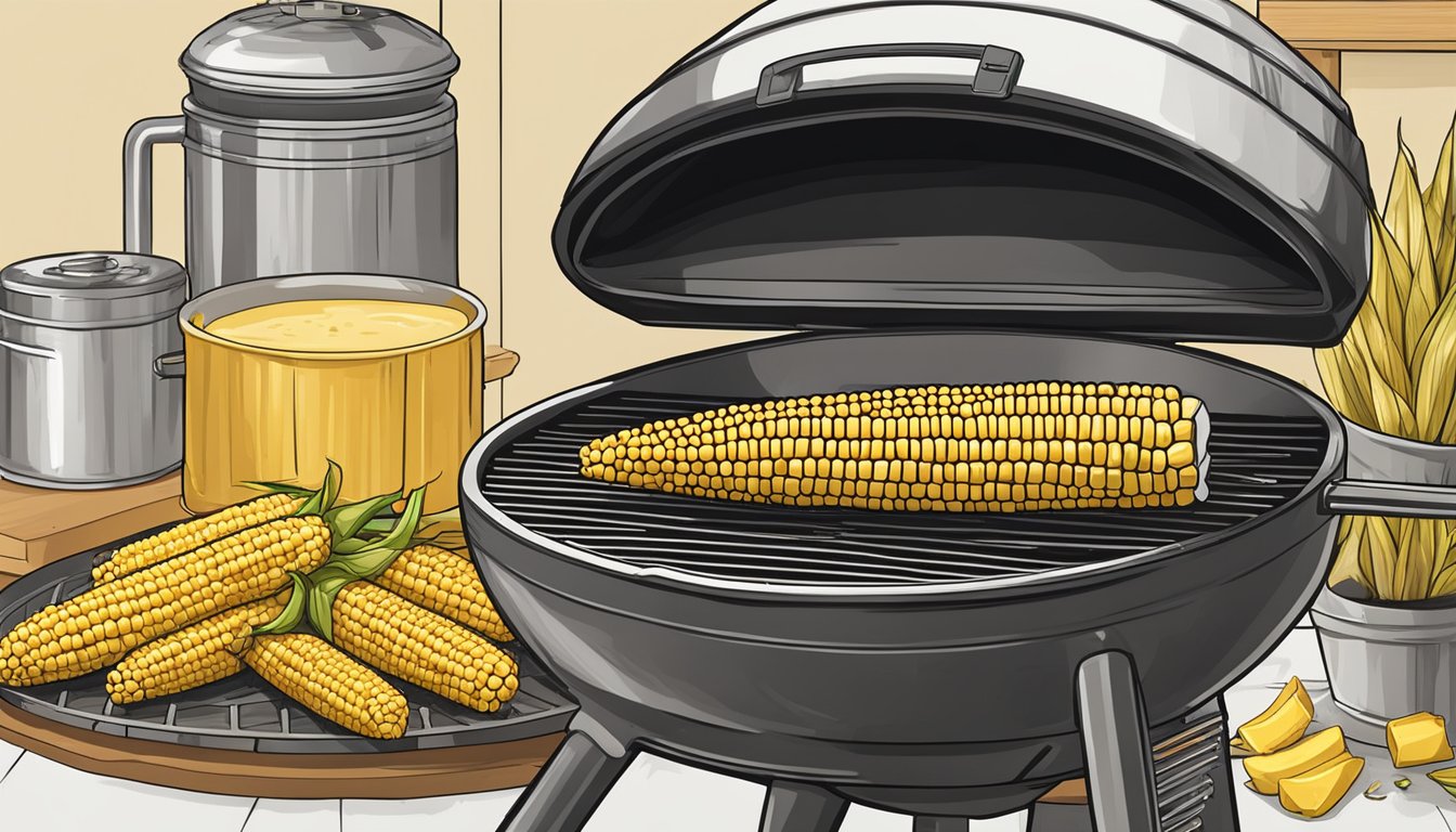 Corn on the cob grilling on a Traeger at 375 degrees, with a side of butter and seasonings ready for serving