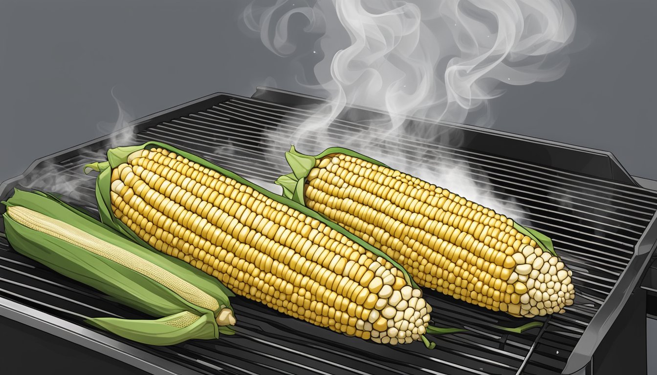 Fresh corn on the cob placed on Ninja Foodi Grill grate, with smoke rising as it cooks