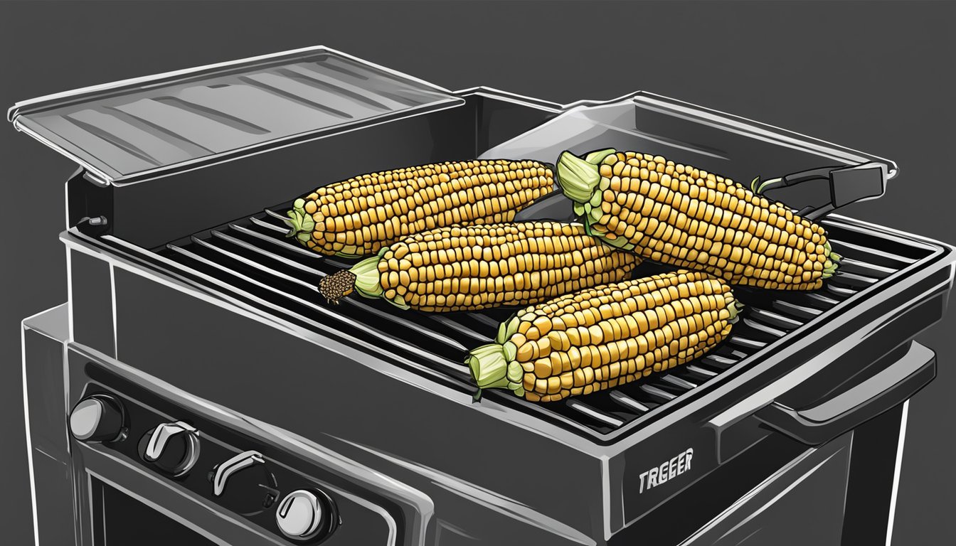 Fresh corn on the cob grilling on a Traeger at 375 degrees, with a storage container nearby for any leftovers