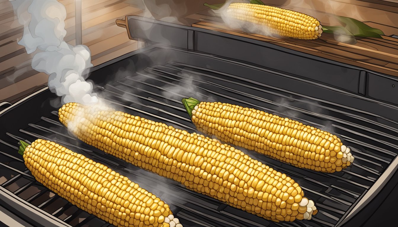 A corn on the cob being grilled on a Ninja Foodi Grill, with smoke rising from the grill and the cob turning golden brown