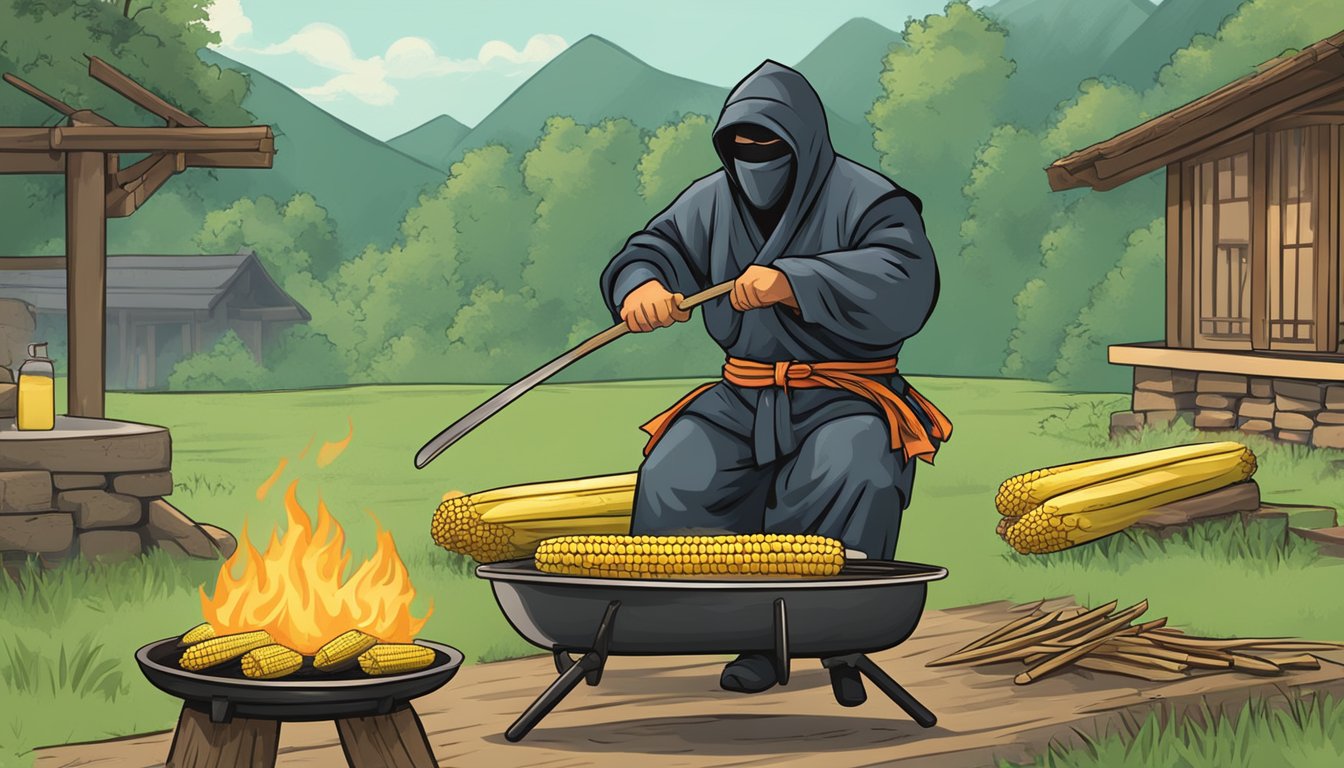 A ninja grilling corn on the cob over a woodfire, symbolizing the historical significance of this traditional food