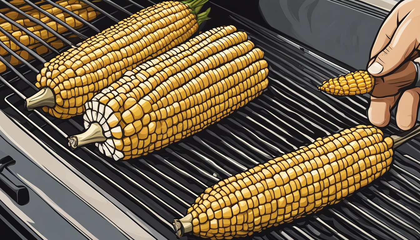 A hand reaching for a perfectly grilled ear of corn on the cob from a Traeger 450 barbecue grill