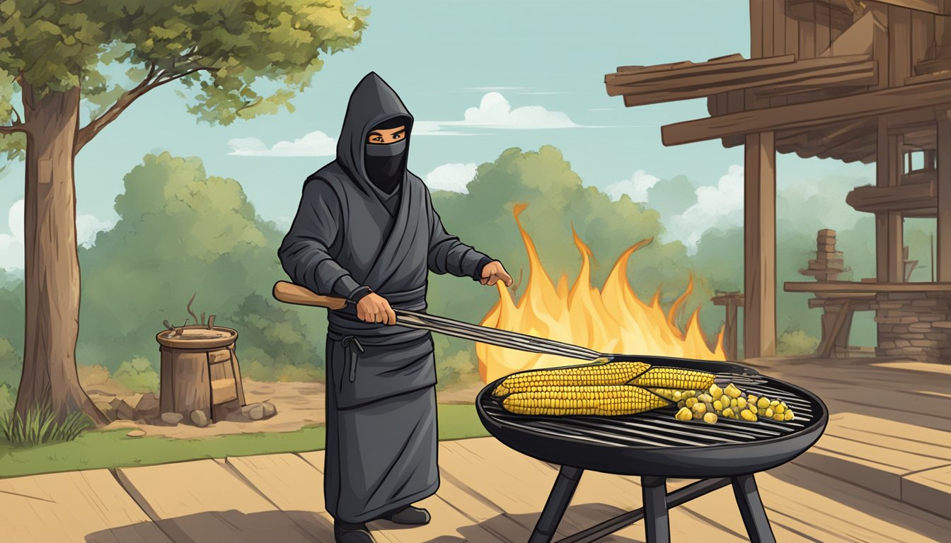 A ninja grilling corn on the cob over a wood fire