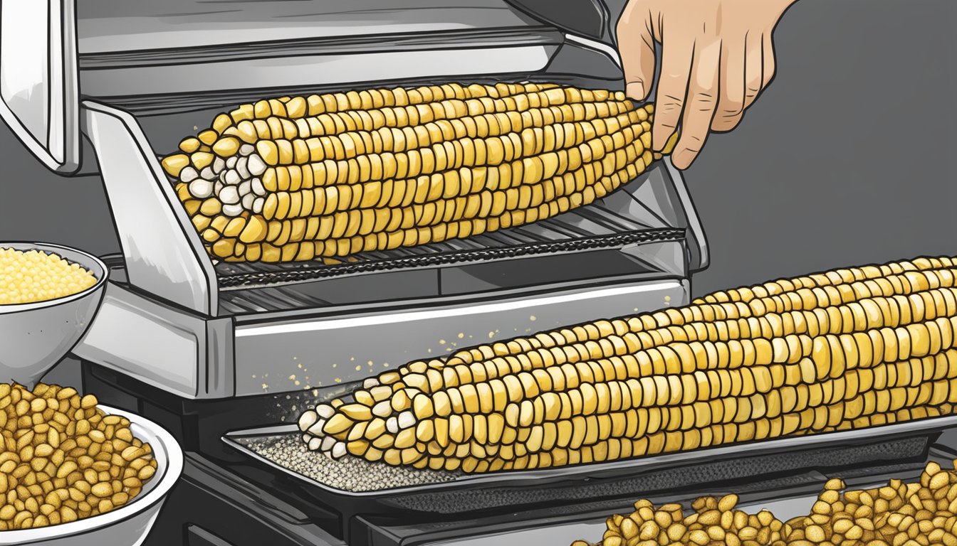 Fresh corn being husked and brushed with butter, then seasoned with salt and pepper before being placed on the Traeger grill