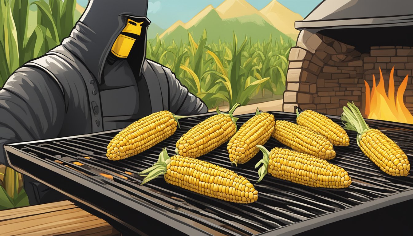 Plump corn on the cob sizzling over a woodfire grill, with a ninja silhouette in the background