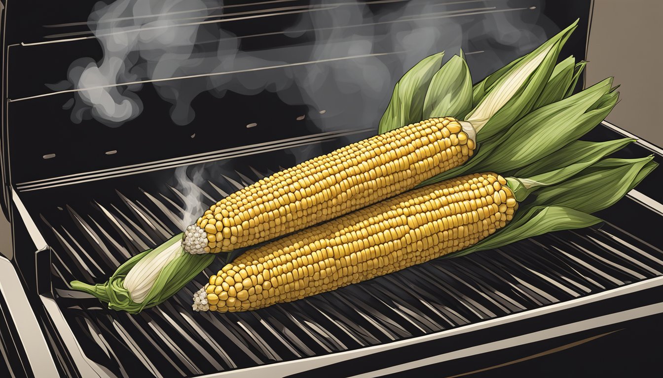 Fresh corn on the cob grilling on a Traeger 450, with smoke rising and grill marks forming