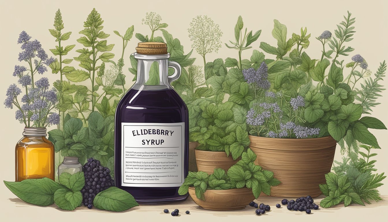 A bottle of elderberry syrup surrounded by various herbs and plants, with a warning sign and a list of potential side effects and precautions displayed prominently