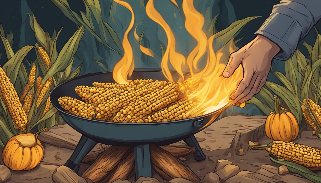 A hand reaching for a golden ear of corn roasting over a crackling campfire