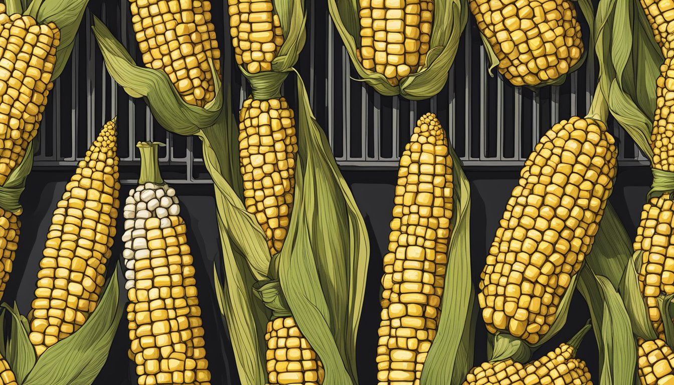 A golden ear of corn on the cob grilling on a Traeger 450, with various flavor variations scattered nearby