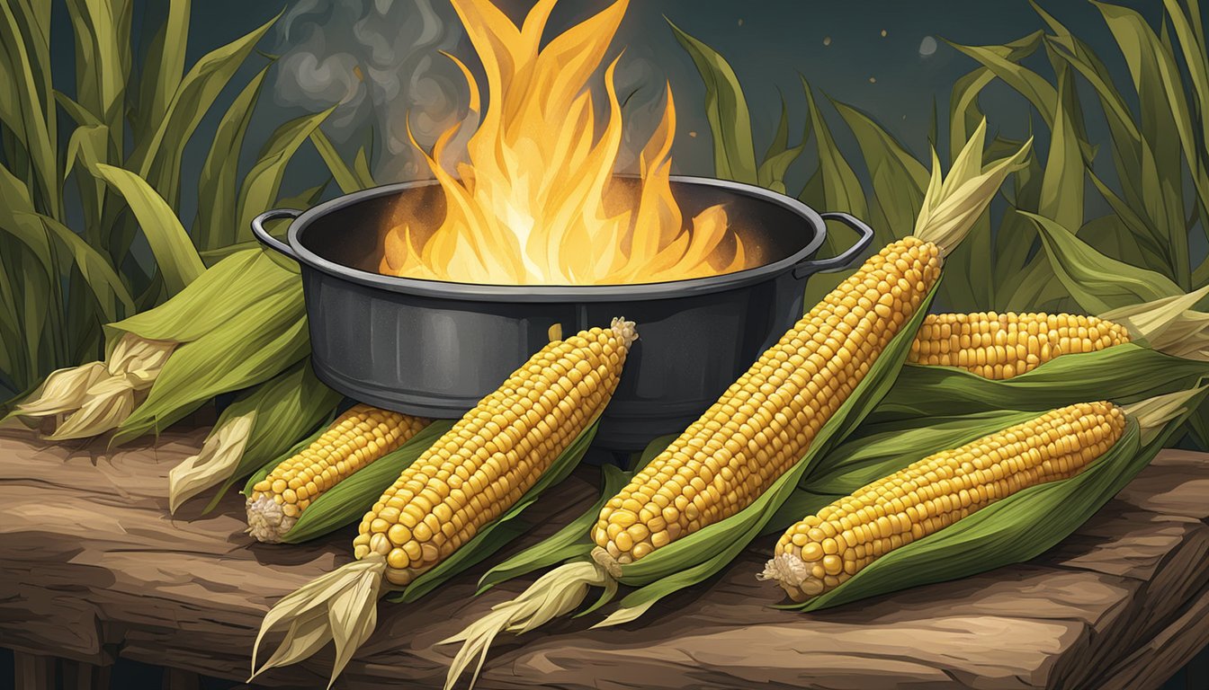 Corn on the cob roasting over a crackling campfire