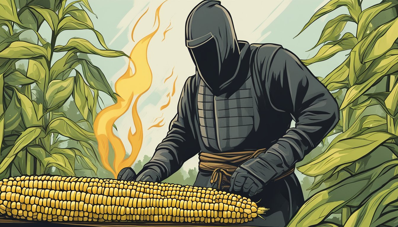 Corn on the cob seasoned with herbs and spices, grilling over a woodfire. A ninja silhouette hovers in the background