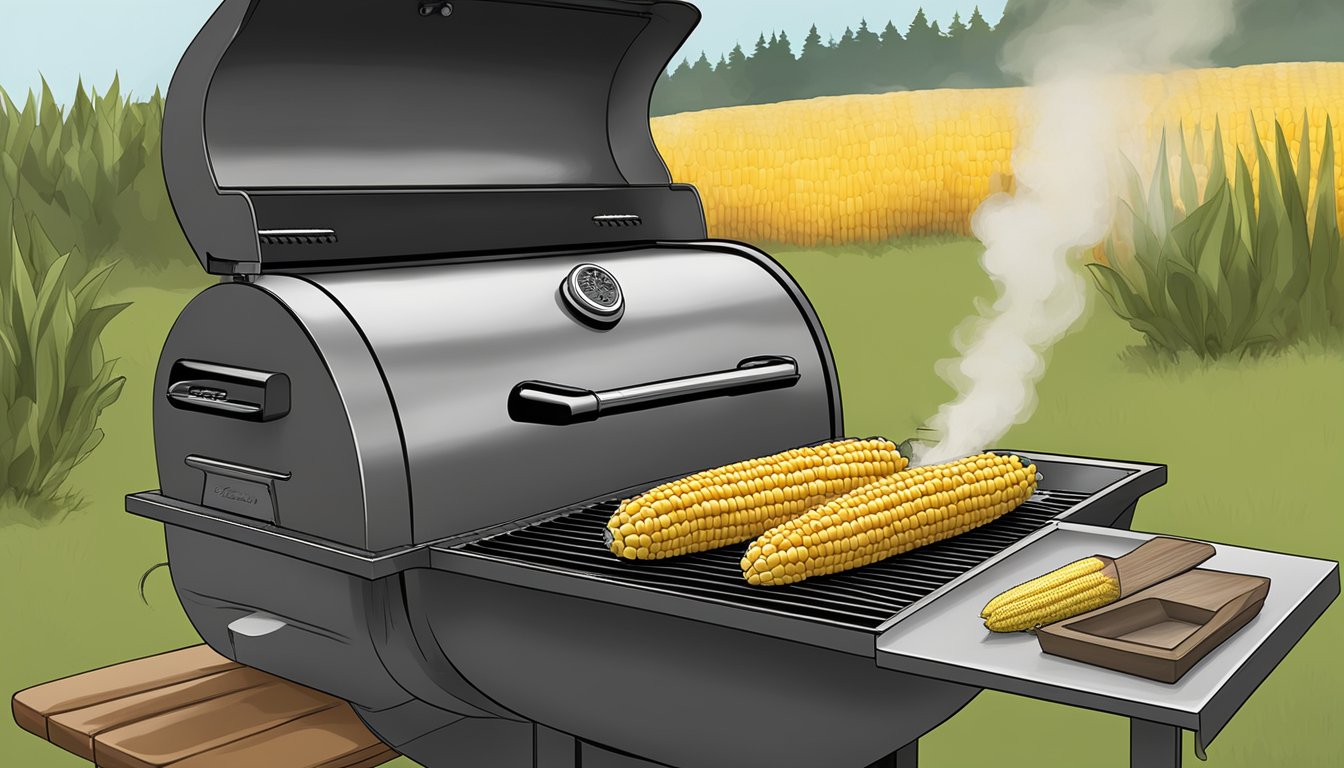 Fresh corn on the cob placed on a Traeger 450 grill, with the lid closed and smoke rising from the grill