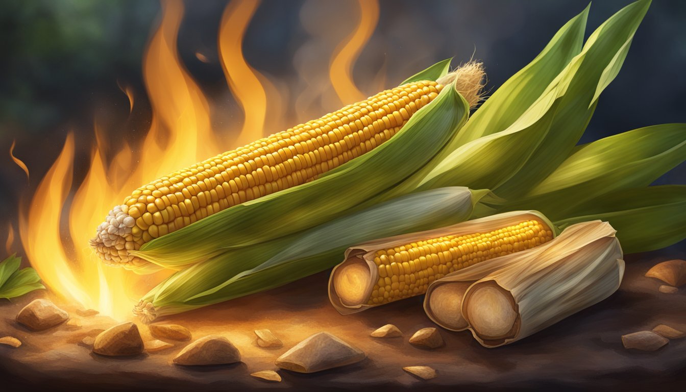 Corn on the cob roasting over a crackling campfire, with smoke rising and the warm glow of the flames