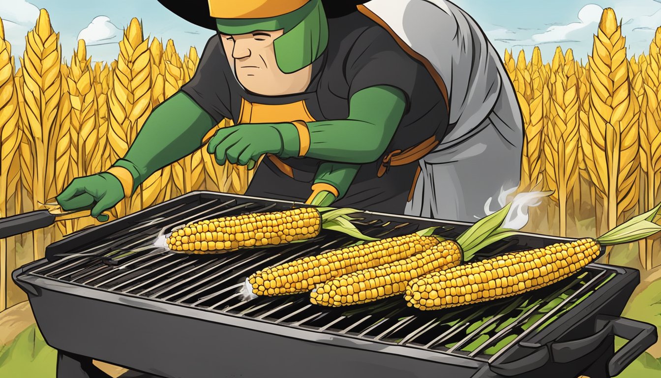 Corn on the cob grilling on a woodfire grill with creative toppings and variations, while a ninja adds a touch of mystery to the scene