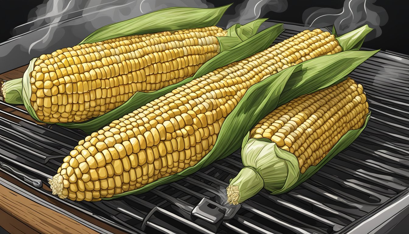 Fresh corn on the cob being grilled on a woodfire ninja grill, then wrapped in foil for storing and reheating