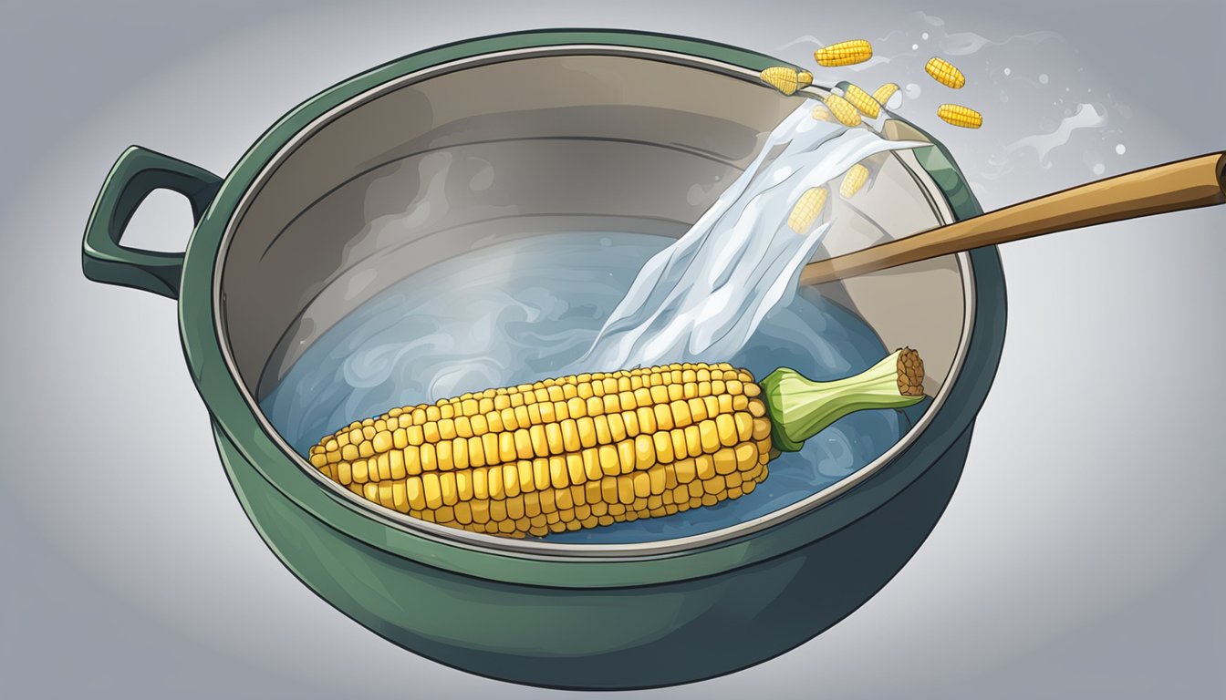 A pot of boiling water with corn on the cob submerged at 180 degrees