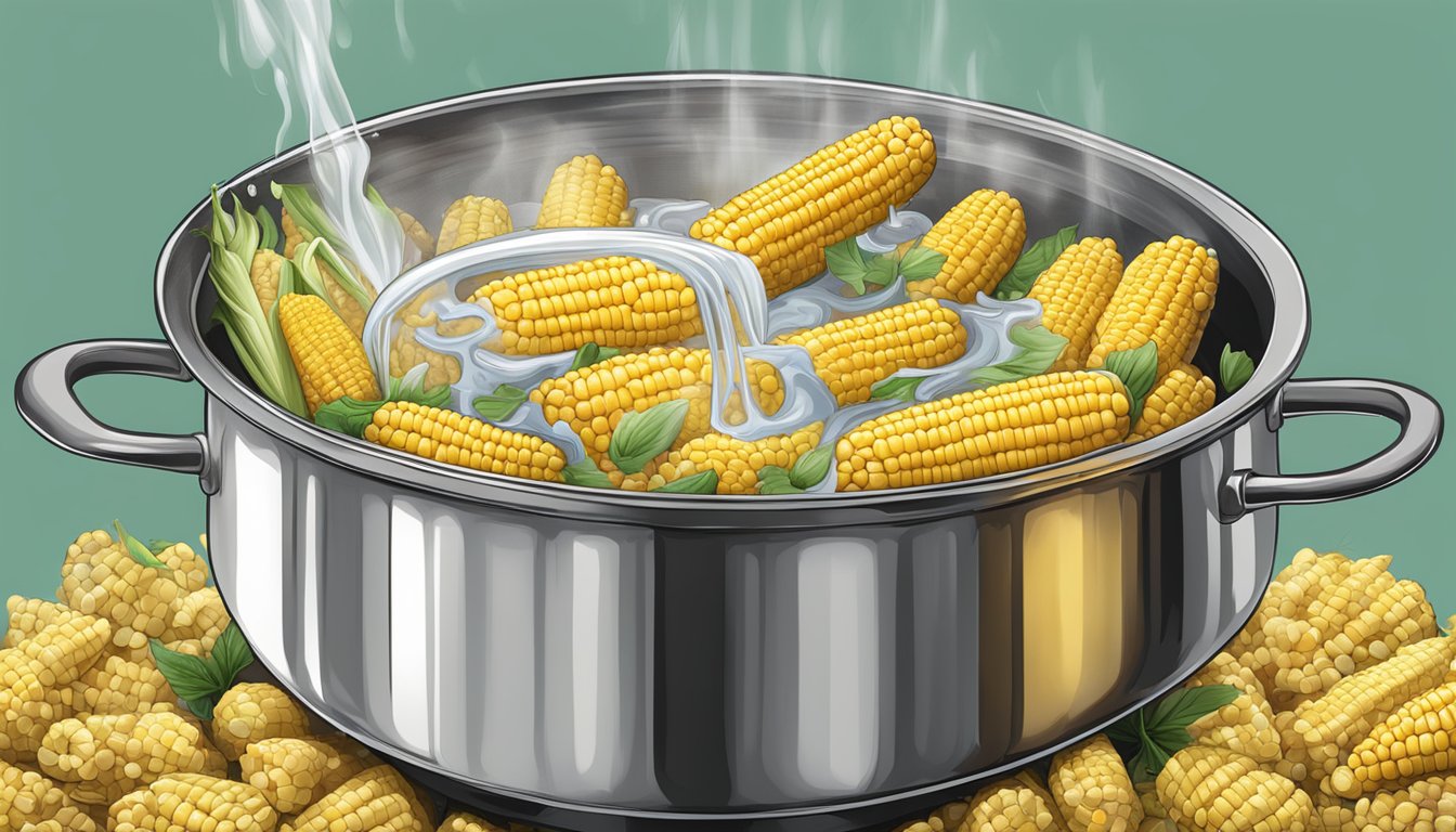 A pot of boiling water with corn on the cob being lowered in