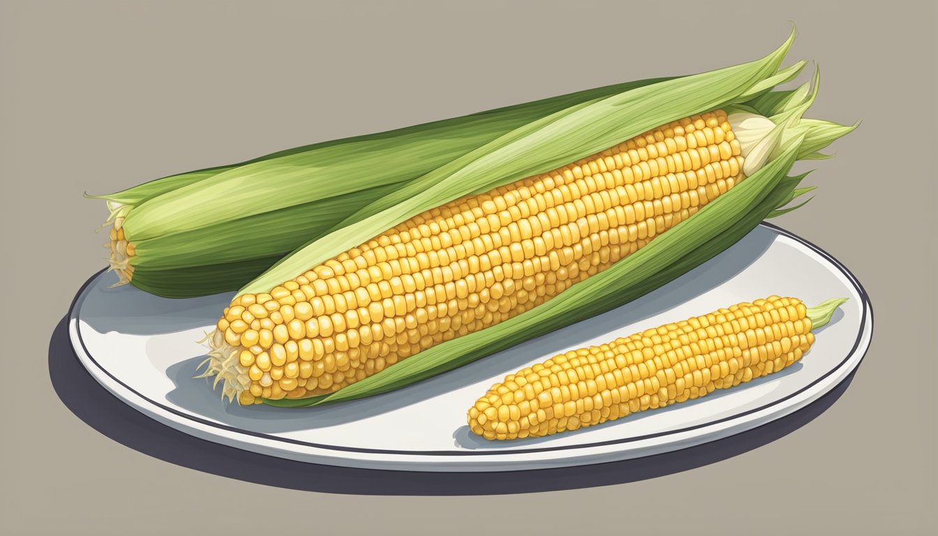 A corn on the cob is placed on a plate, rotated 180 degrees to show all sides