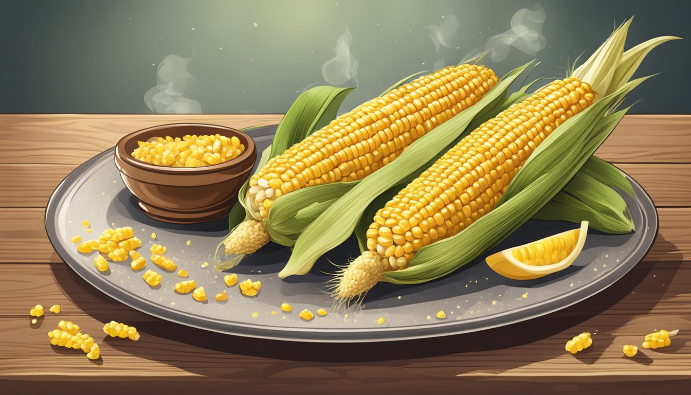 A platter with two golden corn on the cob, sprinkled with seasoning and placed on a rustic wooden table