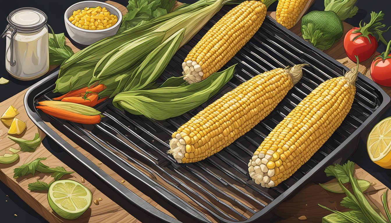 Freshly grilled corn on the cob on a Weber Q, with charred grill marks and a sprinkle of seasoning, surrounded by vibrant summer vegetables