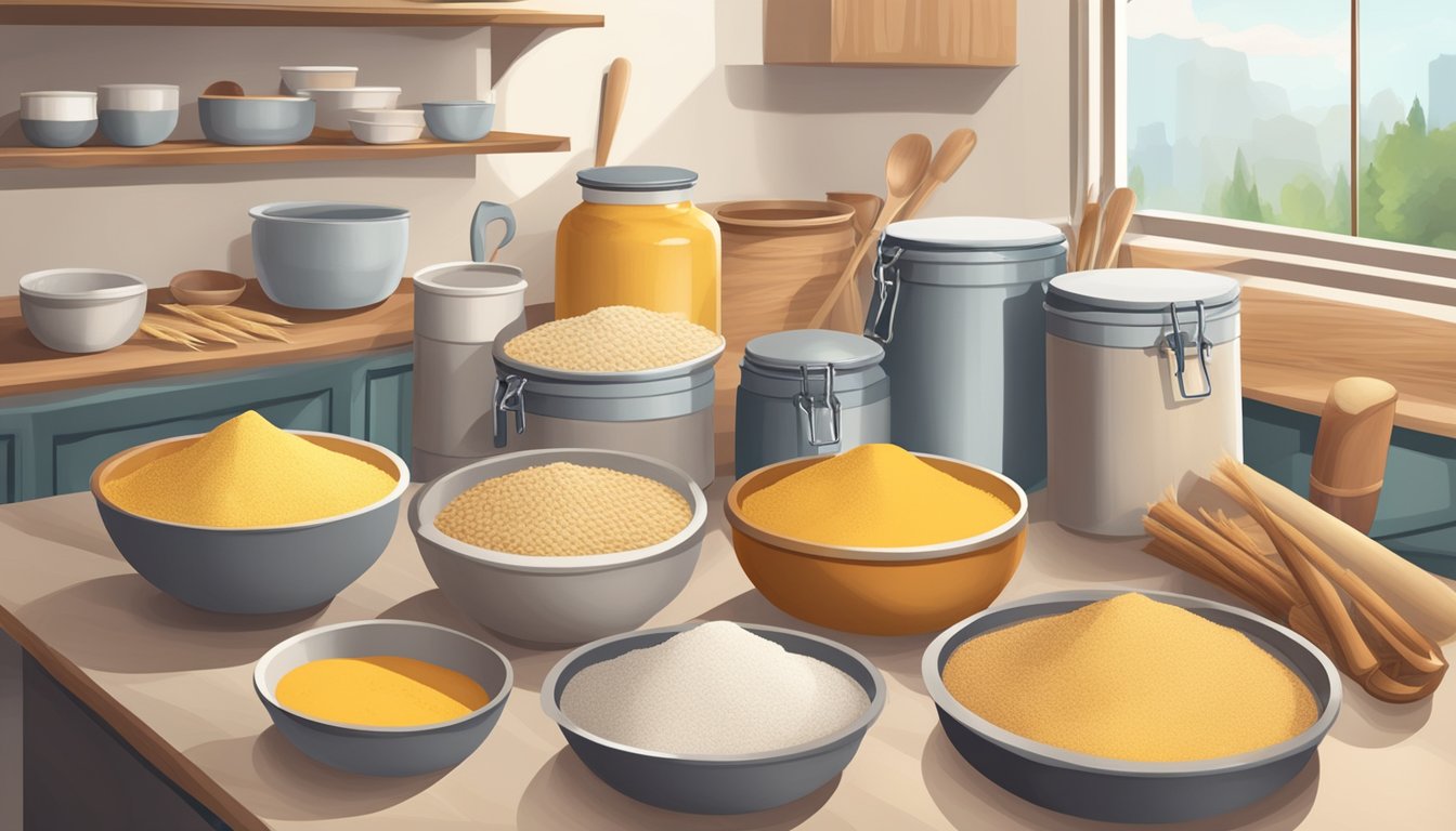 A kitchen scene with tigernut flour and wheat flour in storage containers, surrounded by various baking utensils and ingredients