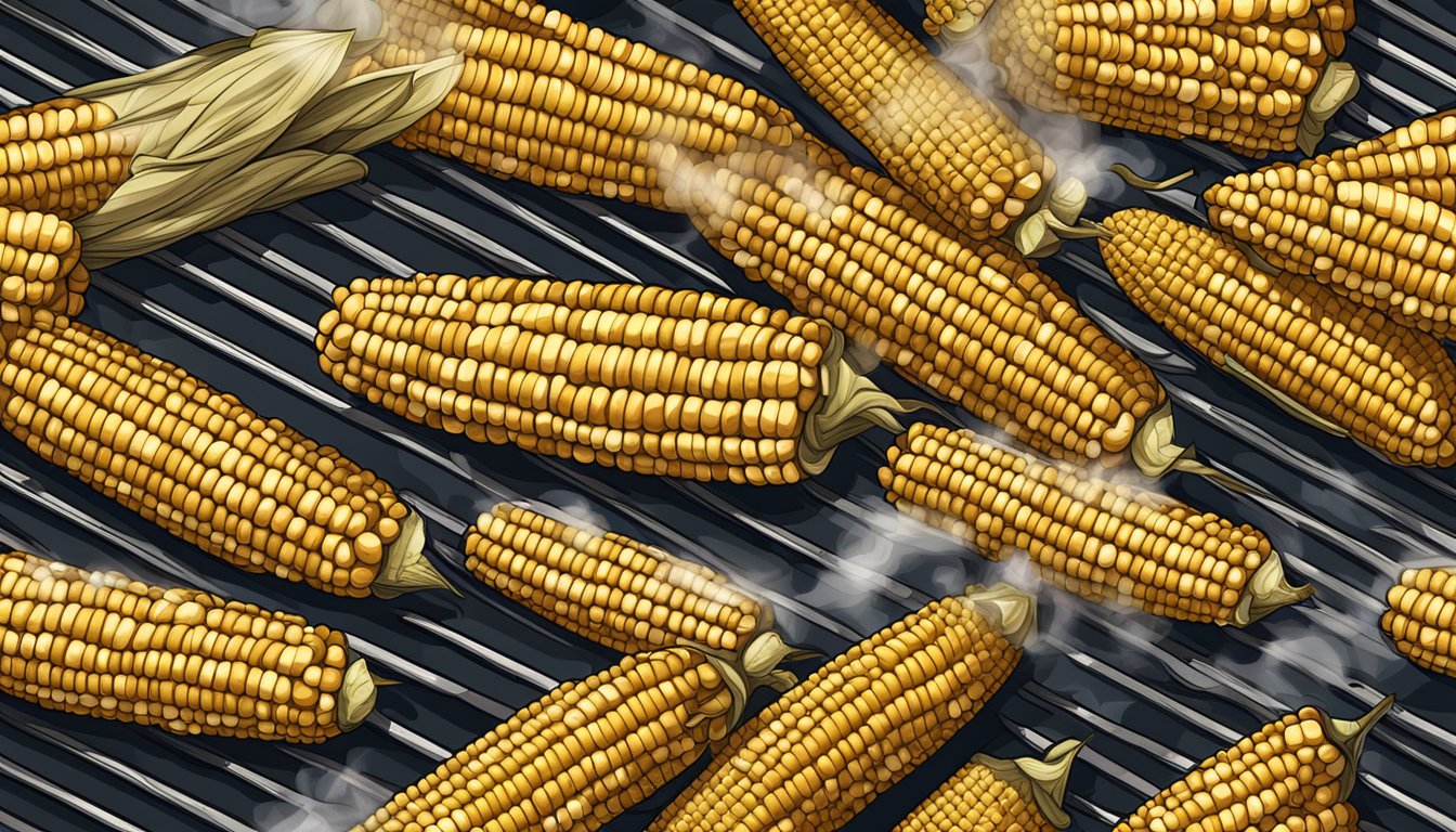 Corn cobs on a grill, smoke rising, set at 275 degrees