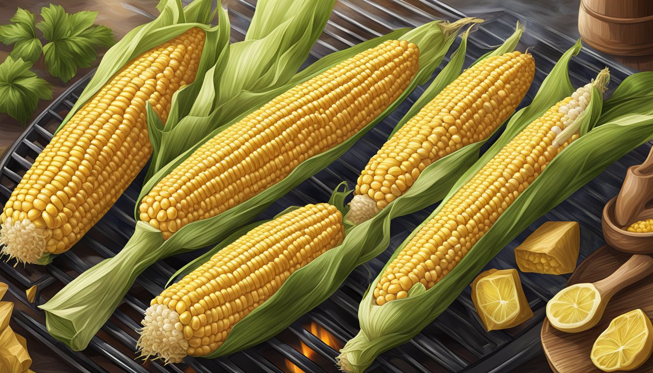 Corn on cob on grill, smoke rising, seasoning being sprinkled