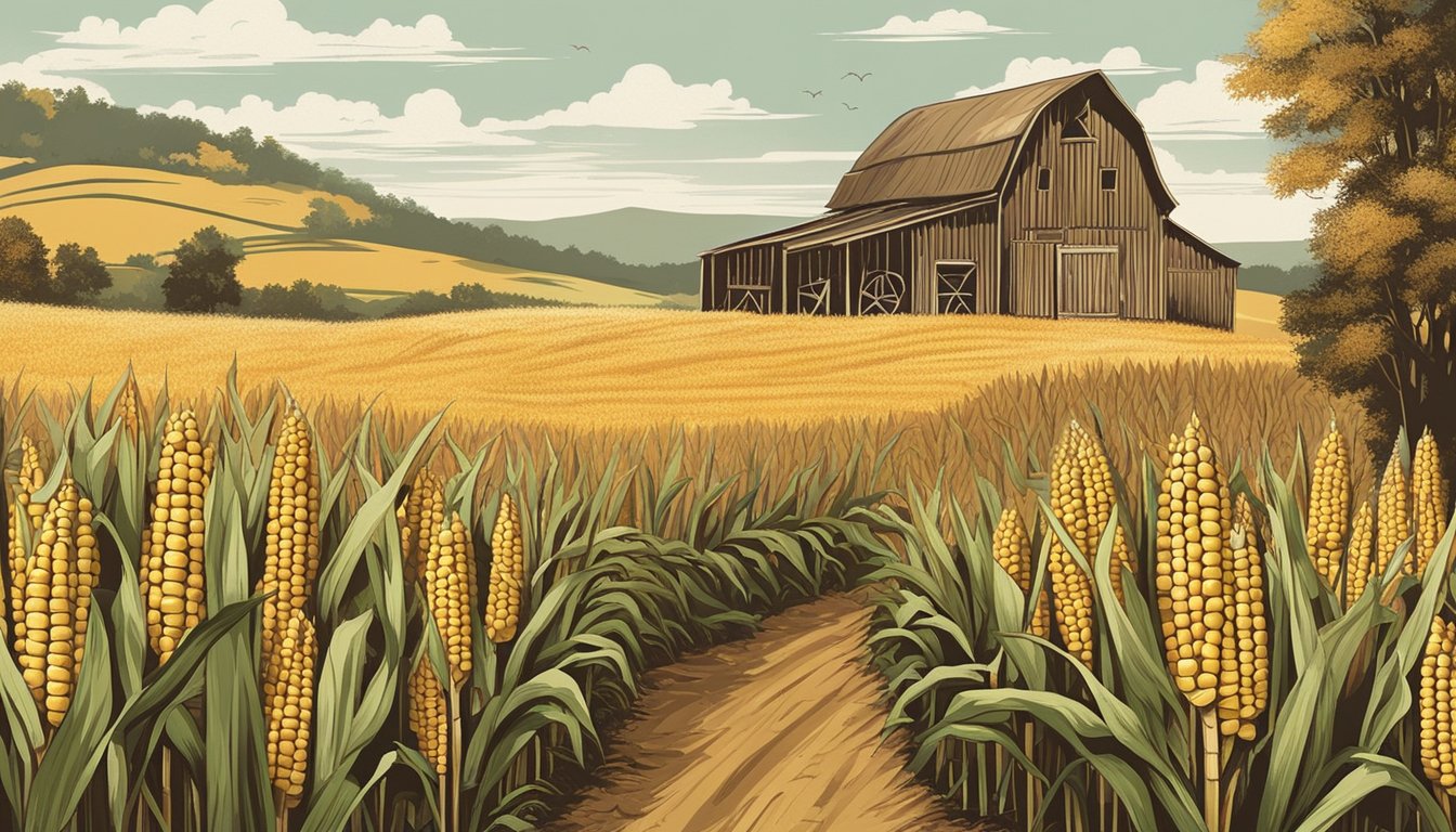 A rustic farm scene with a field of tall cornstalks, some with ears of corn on the cob. A vintage barn and rolling hills in the background