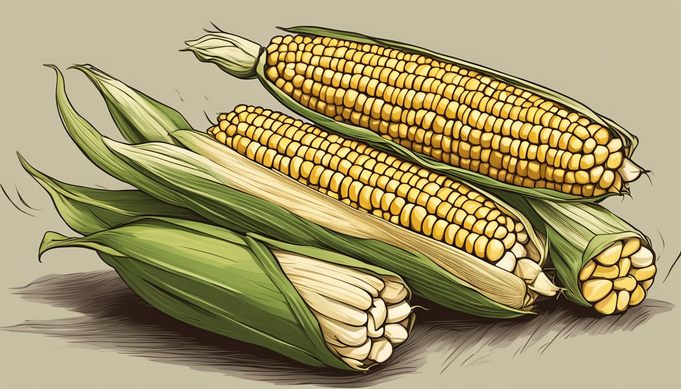 Corn on the cob roasting over an open flame at 250 degrees, the kernels sizzling and releasing their sweet aroma