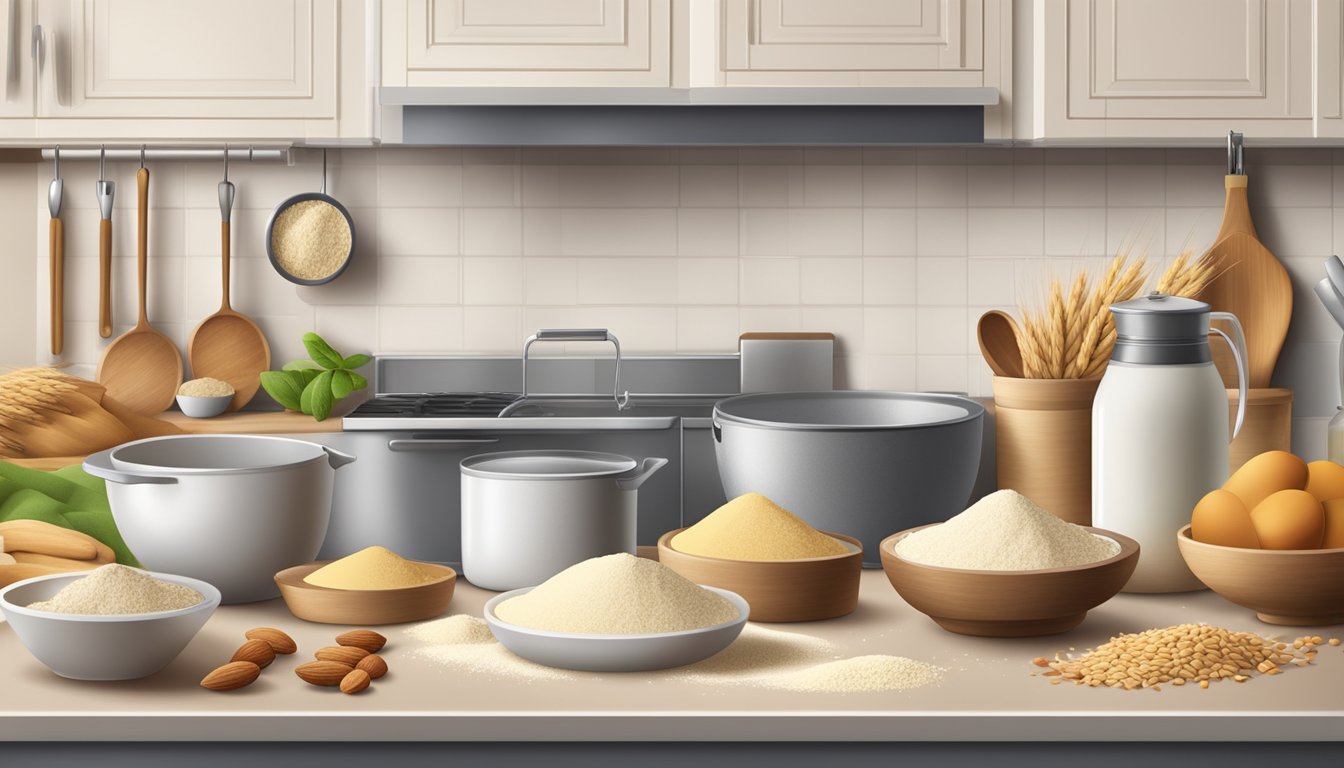 A kitchen scene with almond flour and wheat flour next to each other, with various baking ingredients and utensils in the background