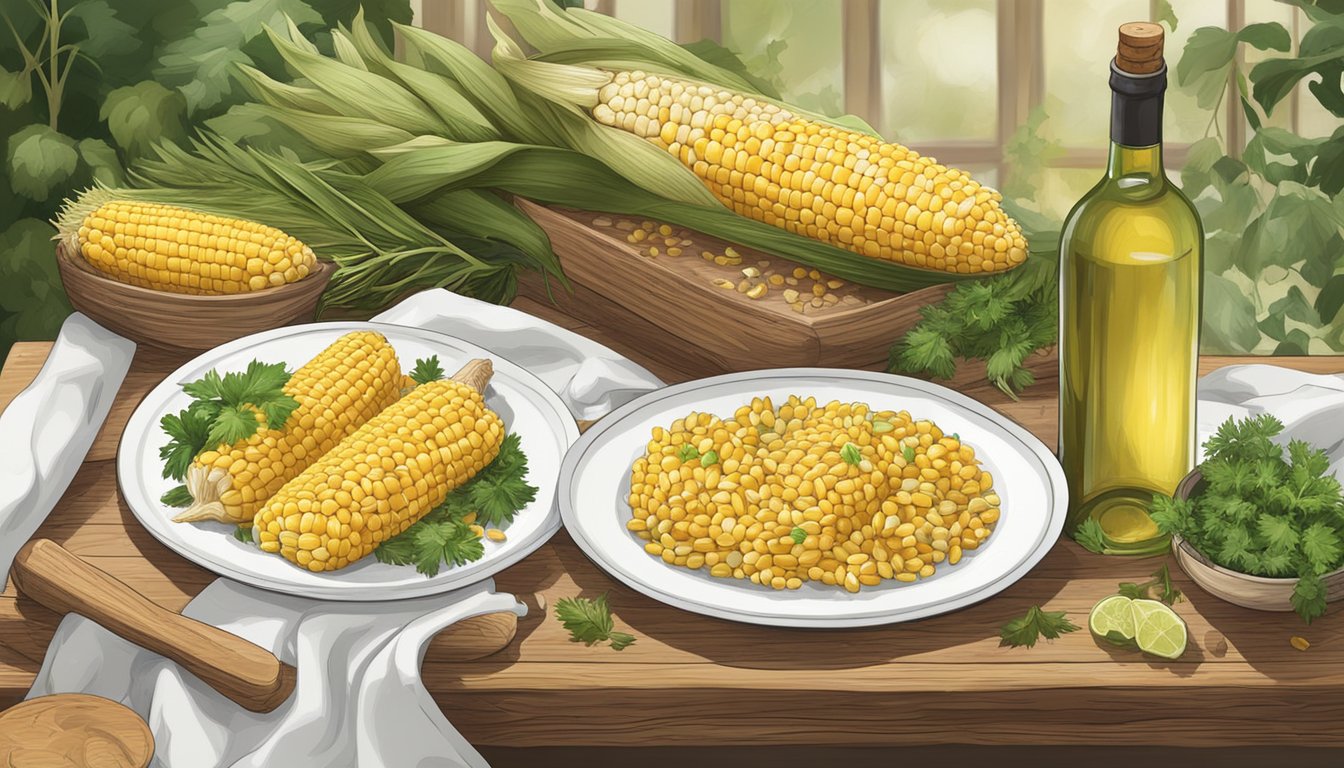 A rustic wooden table with a platter of smoked corn on the cob, surrounded by fresh herbs, spices, and a bottle of white wine