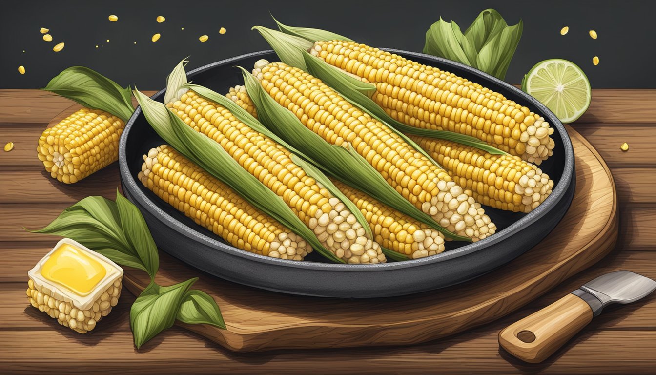 A platter of steaming corn on the cob, arranged neatly on a rustic wooden serving board, with a sprinkle of seasoning and a pat of butter