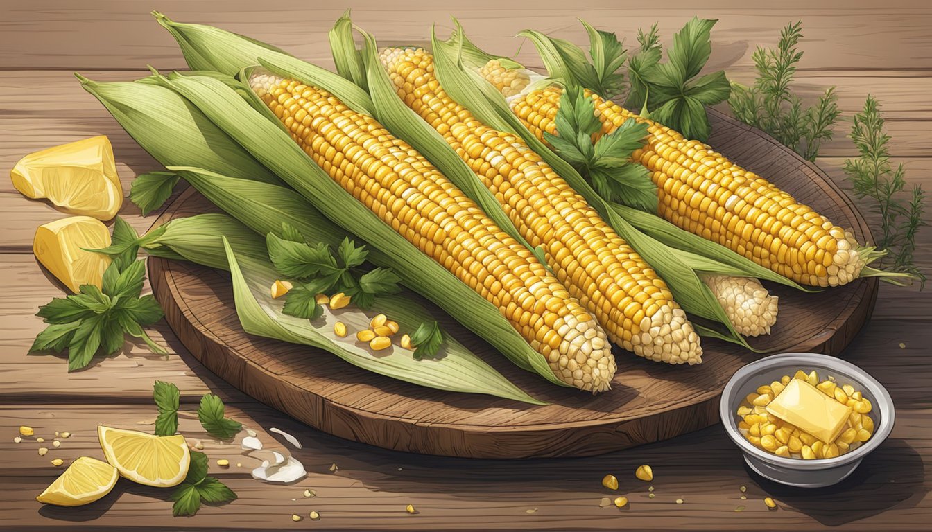 A platter of smoked corn on the cob, glistening with butter and sprinkled with herbs, sits on a rustic wooden table