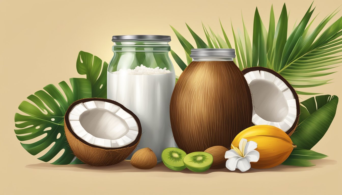 A jar of coconut nectar surrounded by fresh coconuts and a variety of tropical fruits on a wooden table