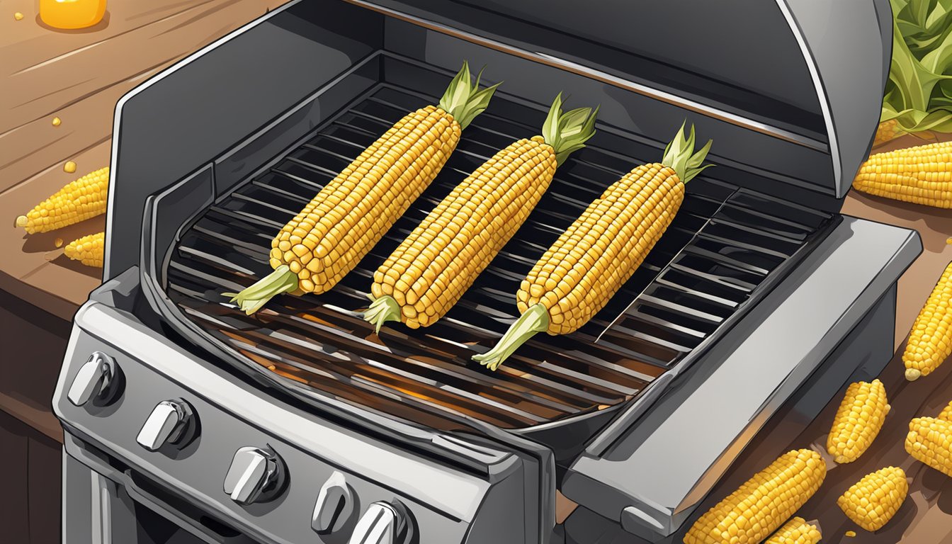 A grill with corn on the cob cooking at 250 degrees