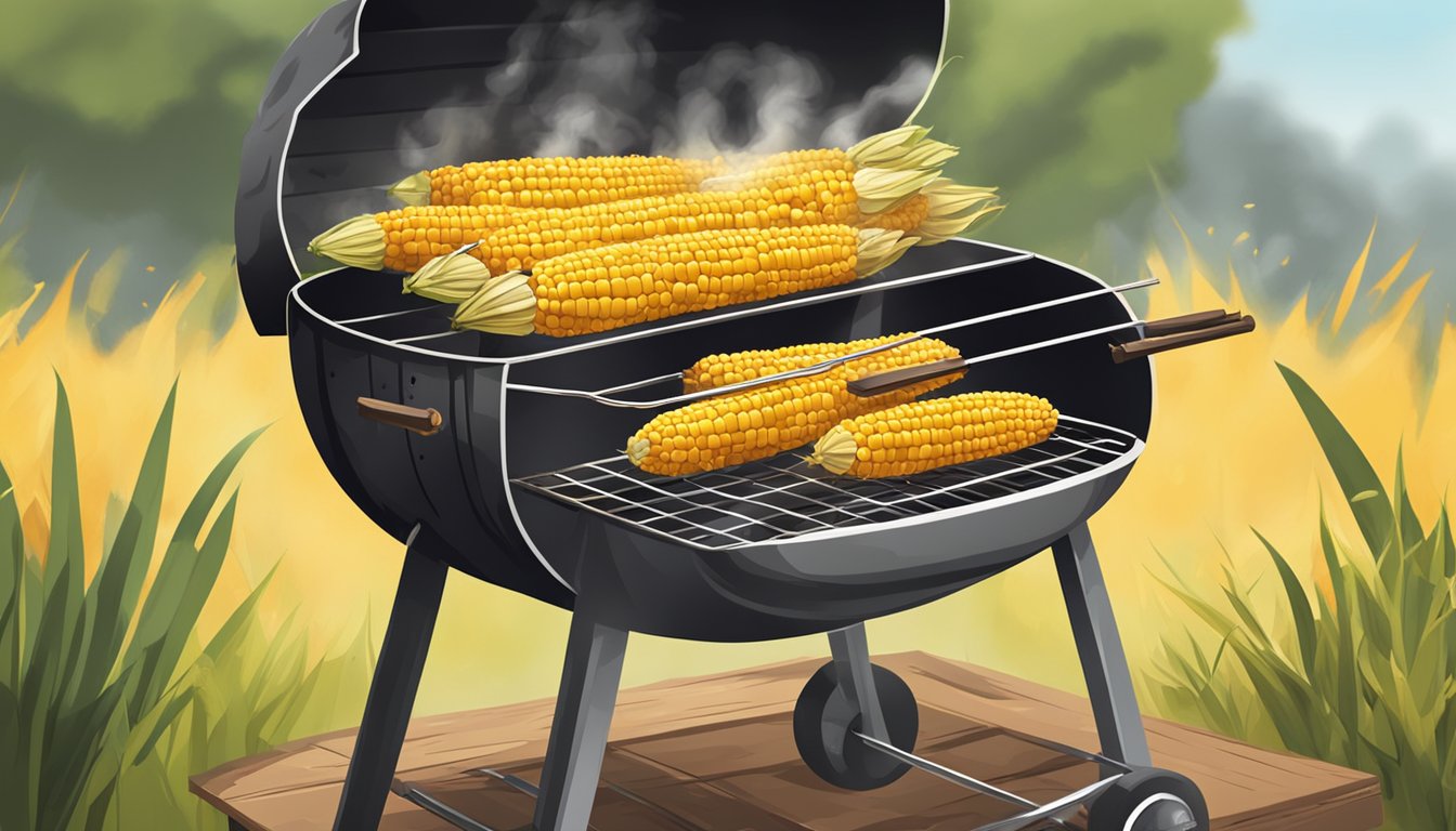 A rustic outdoor grill with a row of charred, golden corn on the cob. Smoke billows from the grill, adding a mouthwatering aroma to the scene