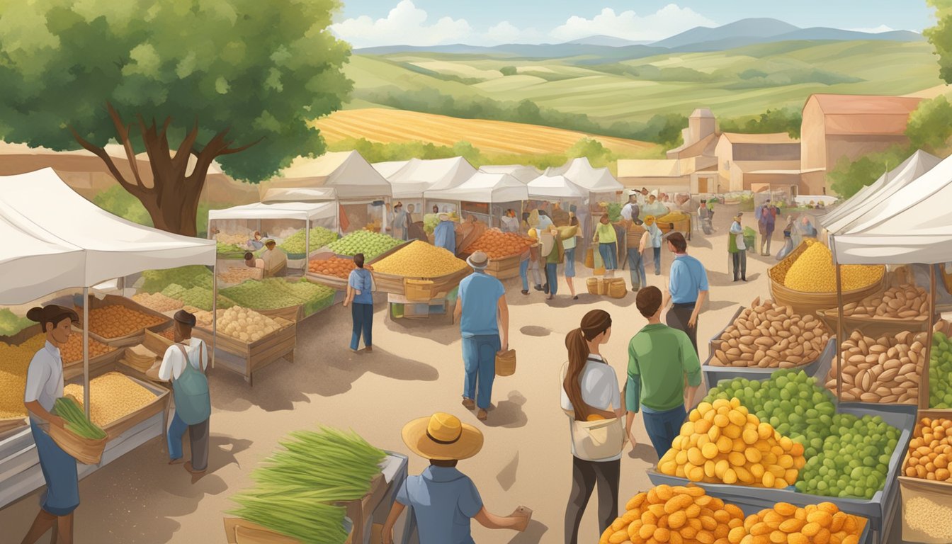 A bustling farmer's market with almond and wheat fields in the background, showcasing the environmental and economic factors of almond flour as a healthy alternative to wheat flour